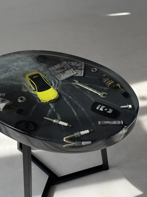 "High Stakes" Round Resin & Live-Edge Side Hand Made Table